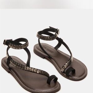 Steve Madden Black Studded T-Strap Ankle Sandals SAGA BLACK NUBUCK BRAND NEW